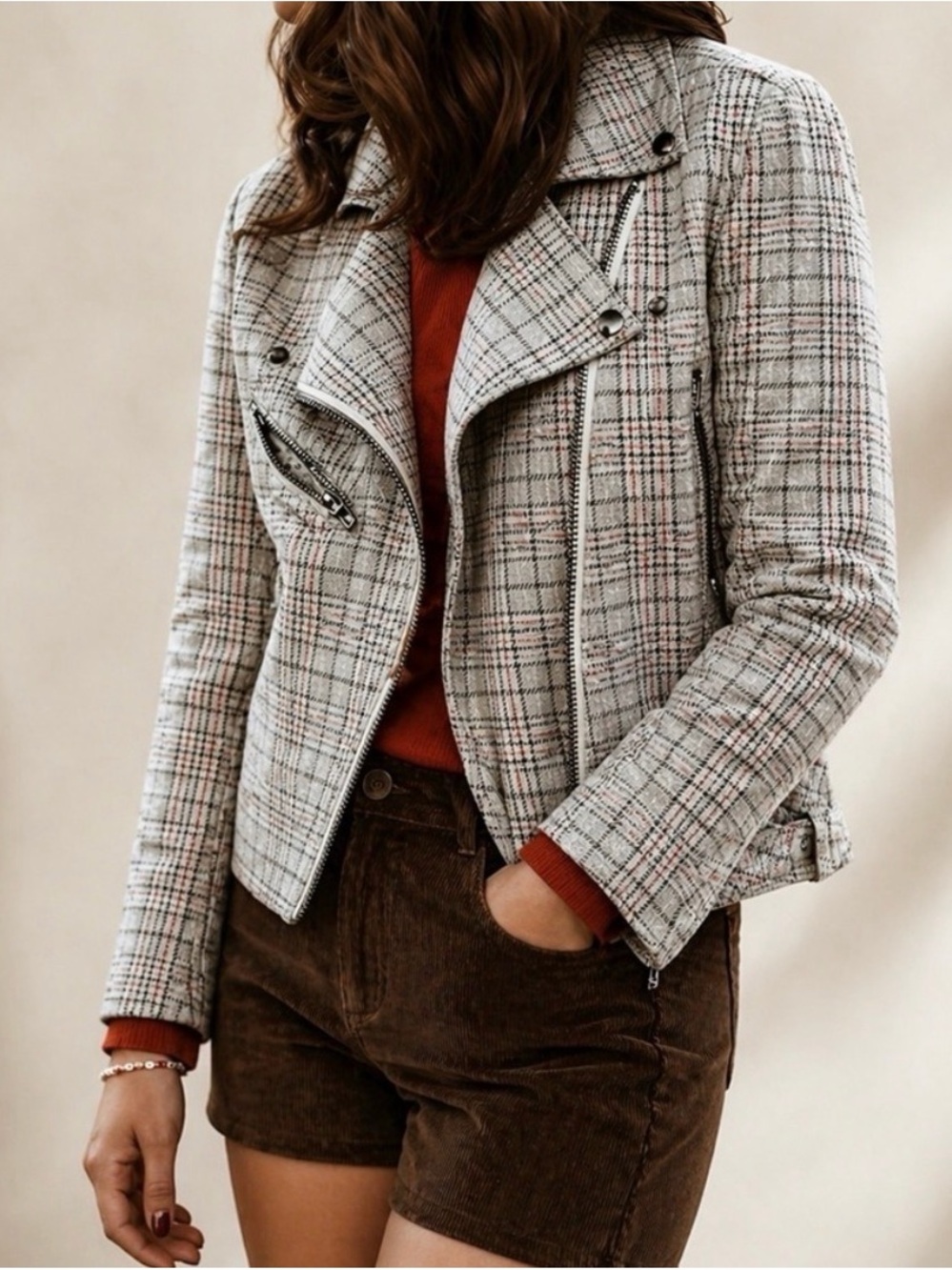 Blank NYC Cream Plaid Moto Blazer